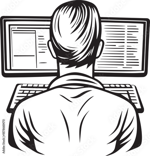 A funny cartoon illustration of a business man and woman working on a laptop sketch with vector art style depicting people and a child