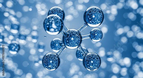 Molecular structure depiction in blue hues with shiny spheres
