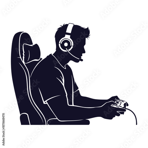 Gamer Man with Headphones and Controller Silhouette Vector Illustration