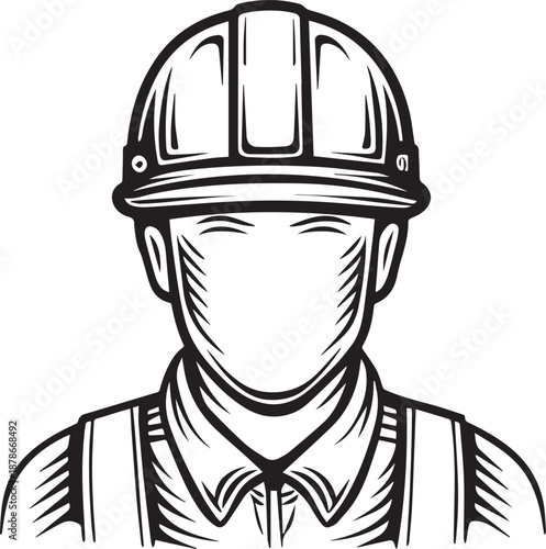 A vector illustration of a young man construction worker wearing a black safety helmet and uniform for head protection