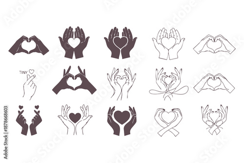 Hands holding heart silhouettes set for charity, love, and healthcare concepts
