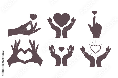 Hands holding heart silhouettes set for charity, love, and healthcare concepts