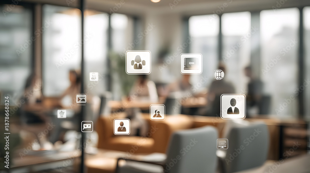 Fototapeta premium work environment with abstract virtual screens and global connectivity symbols