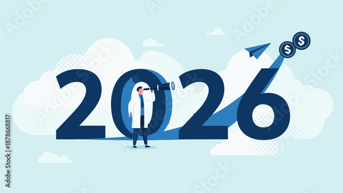 Vector illustration of the year 2026 with a person looking through a telescope at an upward trend