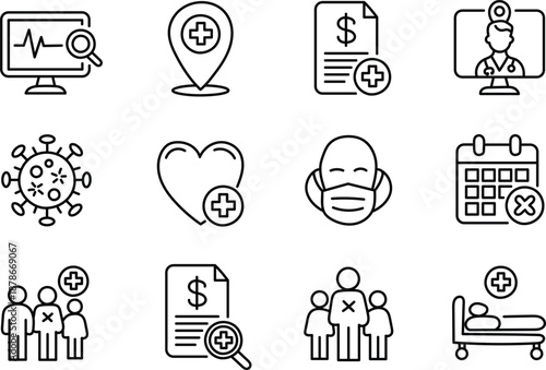 Hand Drawn Healthcare Insurance and Medical Services Line Icons Set for Patients and Finance