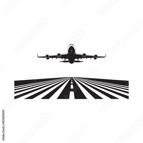 A sleek airplane is depicted taking off from a runway perspective