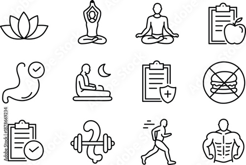 Hand Drawn Wellness and Healthy Lifestyle Line Icons Set for Fitness Yoga Nutrition and Mindfulness