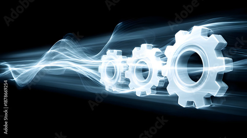 visualization using abstract gears and energy streams moving in synchronization