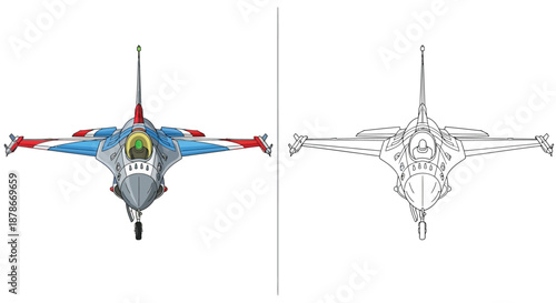 Futuristic Stealth Jet Fighter Comparison Featuring Top and Front Technical Design Views