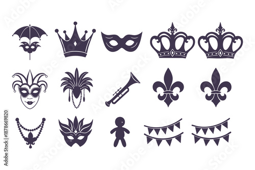Mardi Gras carnival icon set with venetian masks, fleur de lis, royal crowns, and voodoo doll, flat vector purple silhouettes for New Orleans festival party design