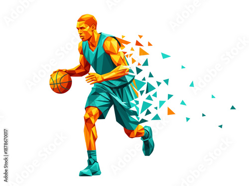Dynamic basketball player illustration in vibrant fragmented vector art, capturing the energy of the game