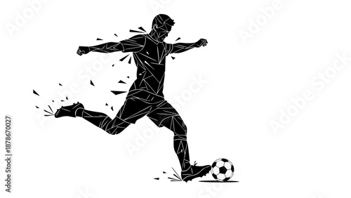 Dynamic Vector Illustration of a Soccer Player Kicking a Ball with Abstract Geometric Deconstruction