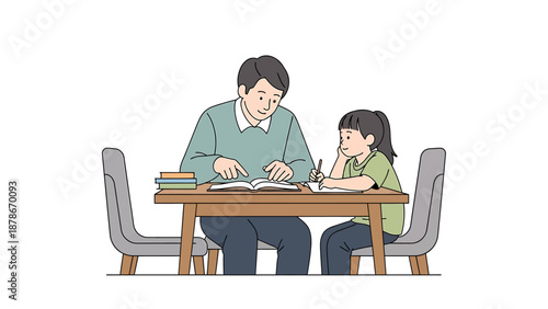 A father helping his young daughter with homework at a table, pointing at a book.
