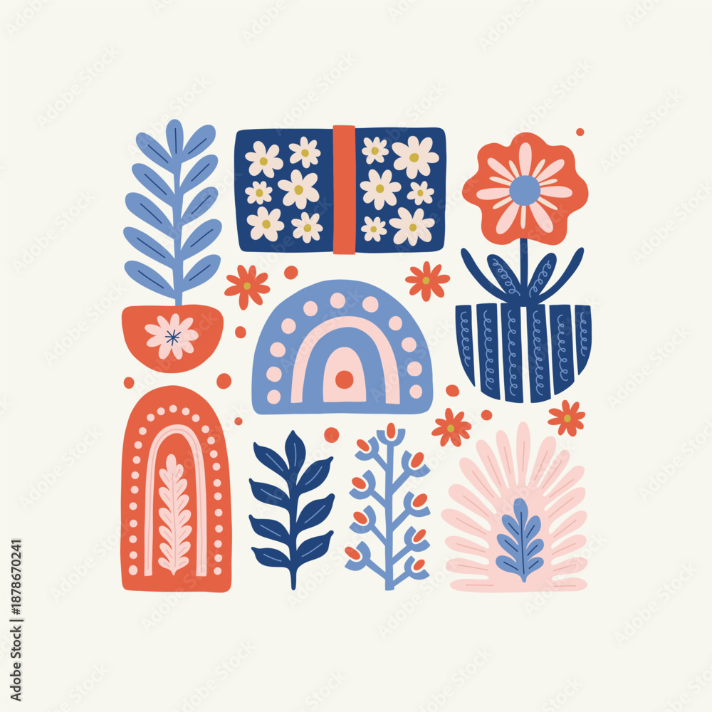 Fototapeta premium Merry Christmas and Happy New Year illustration. Modern trendy Matisse minimal style. Hand drawn design for wallpaper, wall decor, print, postcard, cover, template, banner.