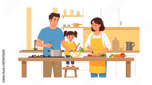 Happy family cooking together in a modern kitchen, preparing a meal with father, mother, and daughter.