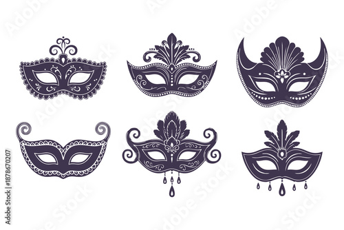Mardi Gras masquerade mask set with ornate filigree, elegant Venetian carnival eye masks collection, purple silhouette vector icons for New Orleans festival and mystery party invitations