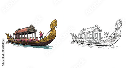 Golden Dragon Headed Boat with Crew and Greeters in Color and Black and White Sketch Set