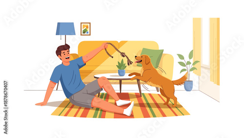 An illustrated scene of a man sitting on the floor in a living room, happily playing with his golden retriever dog using a toy on a stick.