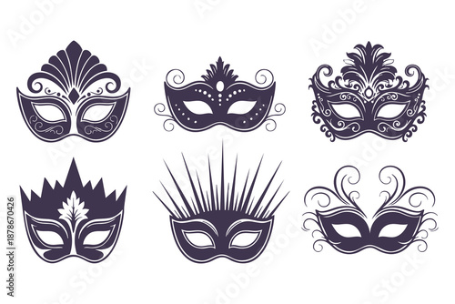 Mardi Gras masquerade mask set with ornate filigree, elegant Venetian carnival eye masks collection, purple silhouette vector icons for New Orleans festival and mystery party invitations