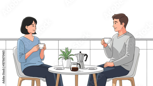 An illustration of a man and a woman enjoying coffee and conversation at a table.