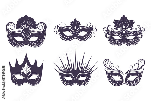 Mardi Gras masquerade mask set with ornate filigree, elegant Venetian carnival eye masks collection, purple silhouette vector icons for New Orleans festival and mystery party invitations