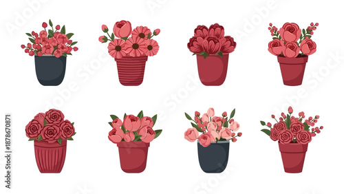 Collection of eight delightful potted flower arrangements featuring various shades of pink and red blooms in different stylish container designs suitable for decoration.