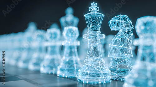 concept with abstract chess pieces made of light, representing competition and smart business moves