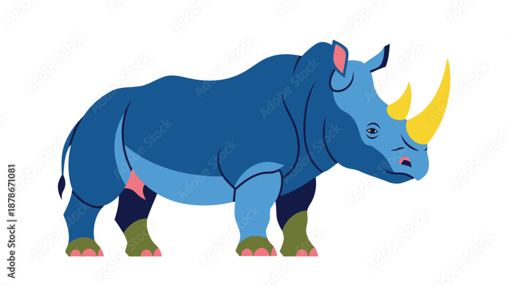 Fototapeta premium Stylized illustration of a large blue rhinoceros featuring prominent bright yellow horns and subtle pink and green accents on its feet and ears