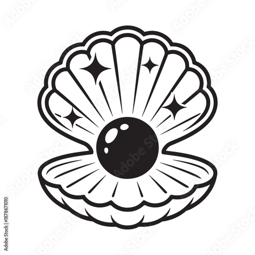 Elegant open seashell with a lustrous pearl inside black and white illustration