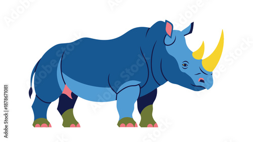 Stylized illustration of a large blue rhinoceros featuring prominent bright yellow horns and subtle pink and green accents on its feet and ears
