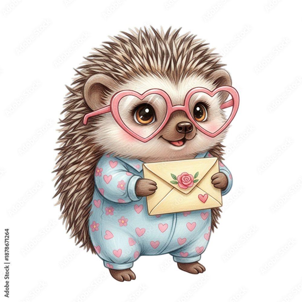 Obraz premium Cute cartoon hedgehog character wearing heart-shaped glasses and floral pajamas holding an envelope with a rose, isolated on white background