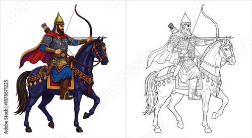 Historical Archer on Horseback Illustration with Matching Coloring Page for Educational Use