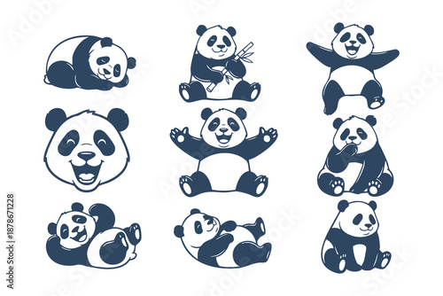 Set of cute panda character illustrations in various poses, hand-drawn vector stickers of funny giant pandas, flat minimalist wildlife animal icons for kids design