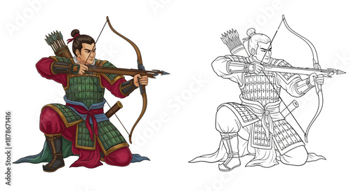 Historical Archer Warrior in Armor Kneeling to Fire Bow in Color and Line Art Comparison