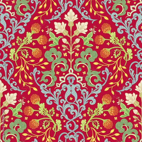 Vibrant, multicolored design with symmetrical, decorative plants on  red background.
