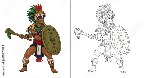 Historical Aztec Jaguar Warrior with Mace and Shield in Color and Line Art Comparison Set