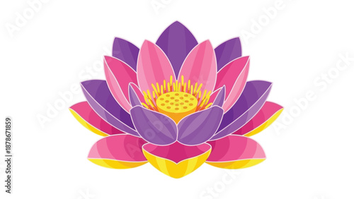 Vibrant illustration of a stylized pink and purple lotus flower featuring bright yellow stamens and an open seed pod