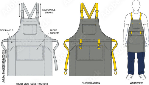 Flat vector illustration of utility apron construction, finished view, worn view, adjustable straps, fashion template, garment sketch, apparel design