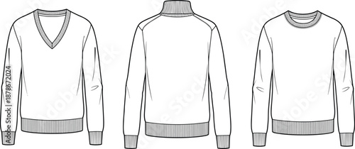 Men’s sweater technical sketch, V-neck turtleneck and crewneck styles with ribbed cuffs, flat vector illustration, fashion garment construction template