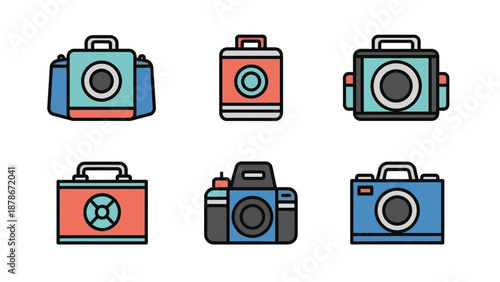 Collection of six colorful, stylized camera icons and equipment bags representing photography concepts and digital imaging technology in a flat design illustration style