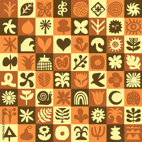 A grid of colorful geometric and botanical icons, featuring leaves, flowers, hearts, and abstract shapes in warm tones.