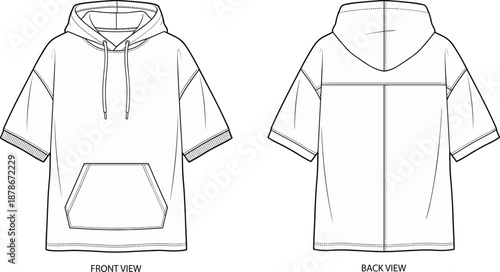 Flat vector illustration of short sleeve hoodie front and back view, fashion template, kangaroo pocket, drawstring hood, apparel design