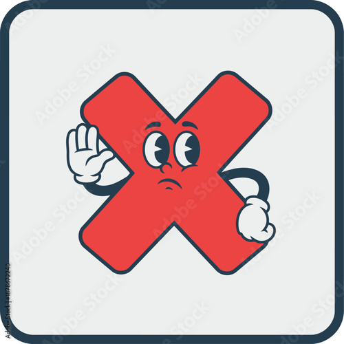 A retro cartoon red x character with an expressive face and listening gesture indicating denial or mistake