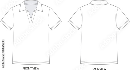 Flat vector illustration of short sleeve polo shirt front and back view, fashion template, V-neck placket, apparel design sketch