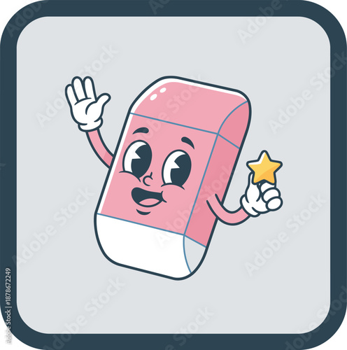 A cheerful pink eraser cartoon character waves and holds a golden star on a simple background