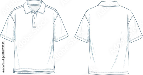 Flat vector illustration of short sleeve polo shirt front and back view, fashion template, garment sketch, apparel design, collar placket