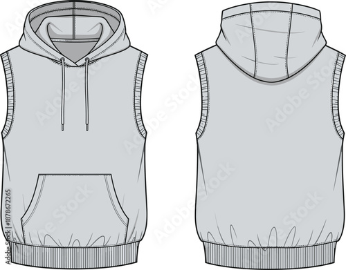 Flat vector illustration of sleeveless hoodie front and back view, fashion template, drawstring hood, kangaroo pocket, apparel sketch