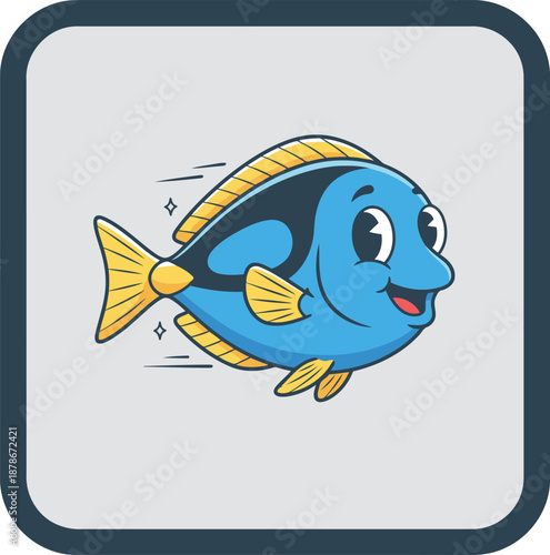 Adorable blue tang fish cartoon illustration swimming swiftly in the ocean with a happy smile
