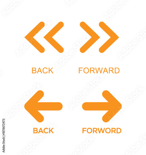 Bold orange graphic navigational arrows indicating the commands for back and forward movement are perfectly isolated on a bright white background for.