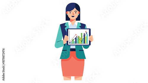 Professional businesswoman confidently presenting upward trending financial growth statistics and positive sales data analysis results displayed on a portable digital tablet screen